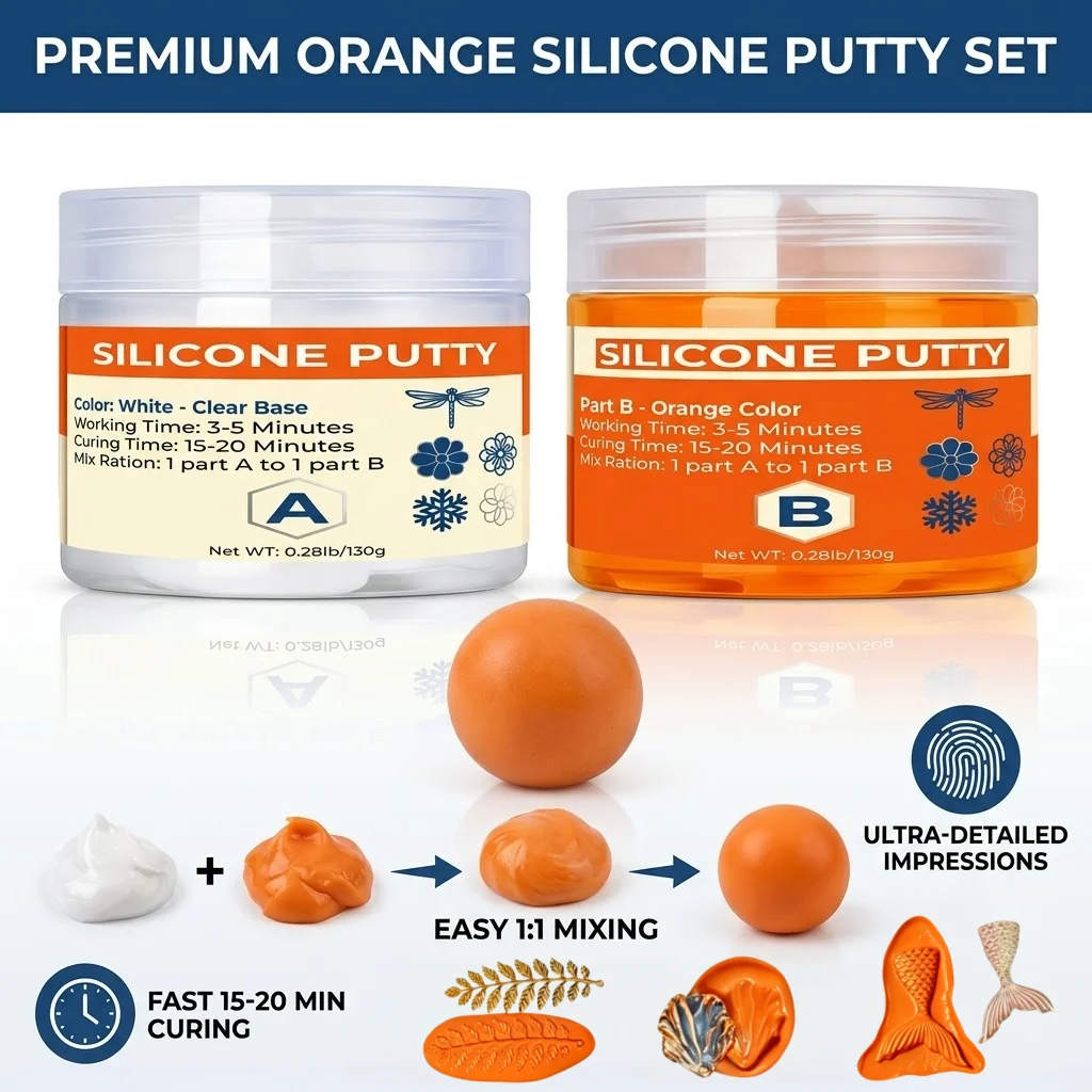 Kit de mastic silicone 260g/120g pour loisirs créatifs, flexible et durable, pour projets d'art en résine et moules (Orange)