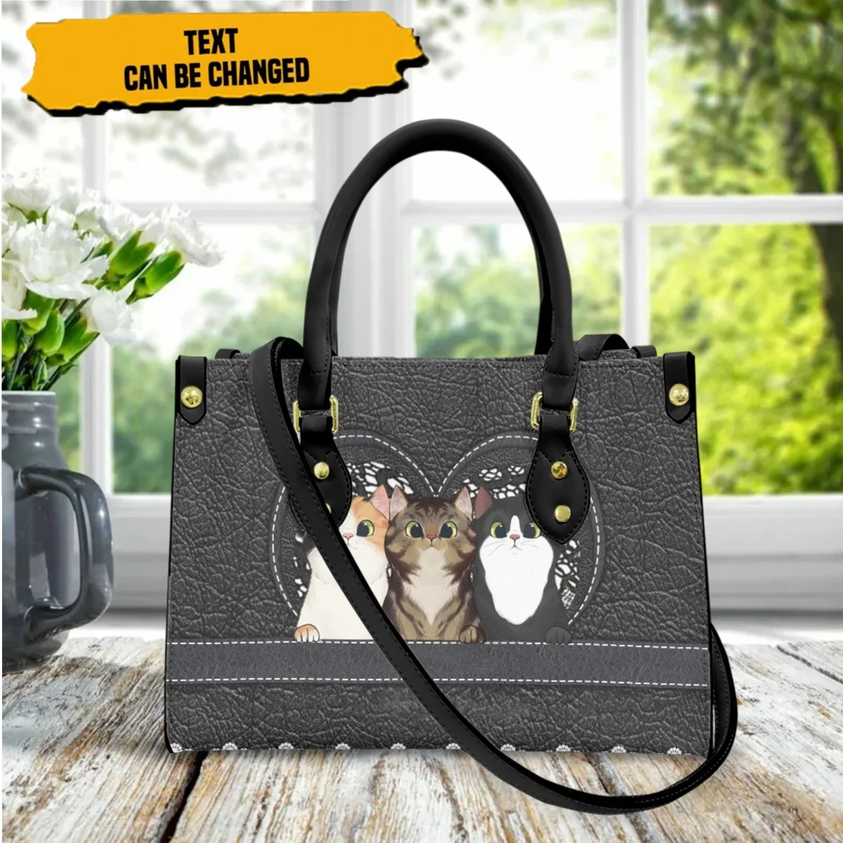 Cute Cat Print Tote Bag Custom Personalized Fashion Portable Travel Bag PU Leather Black Luxury Animal Design Messenger Bag Gift