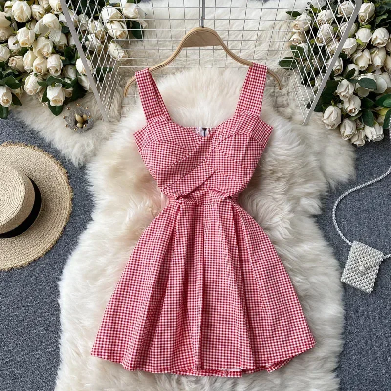 Women's Summer Dress French Retro V-neck Check Sleeveless Short Suspender Dress New Waist Slim Feamle Dresses DE674