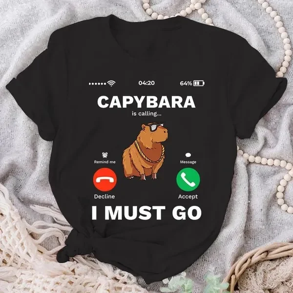 Capybara Is Calling Tees Funny Capibara Rodent Animal Lover Humor T-Shirt Women Men Summer Casual Round Neck Short Sleeve Tops