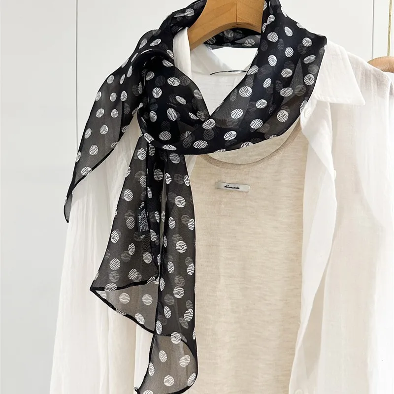 French Hepburn mulberry silk vacation georgette retro coffee polka dot diagonal silk scarf