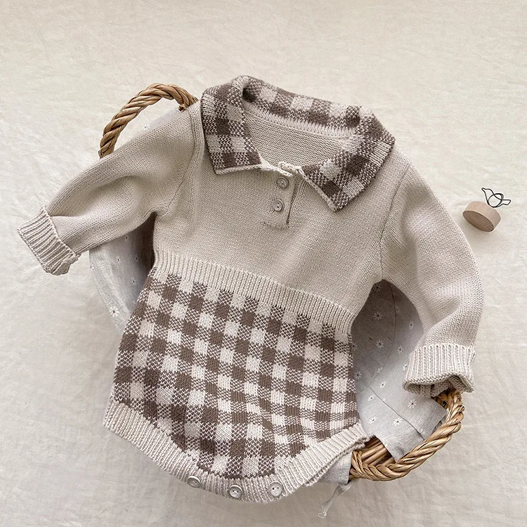 

UNITIM Kids Baby Girls Rompers Plaid Knitting Toddler Girls Jumpsuits Newborn Girls Bodysuits Retro Turn Down Collar Overalls