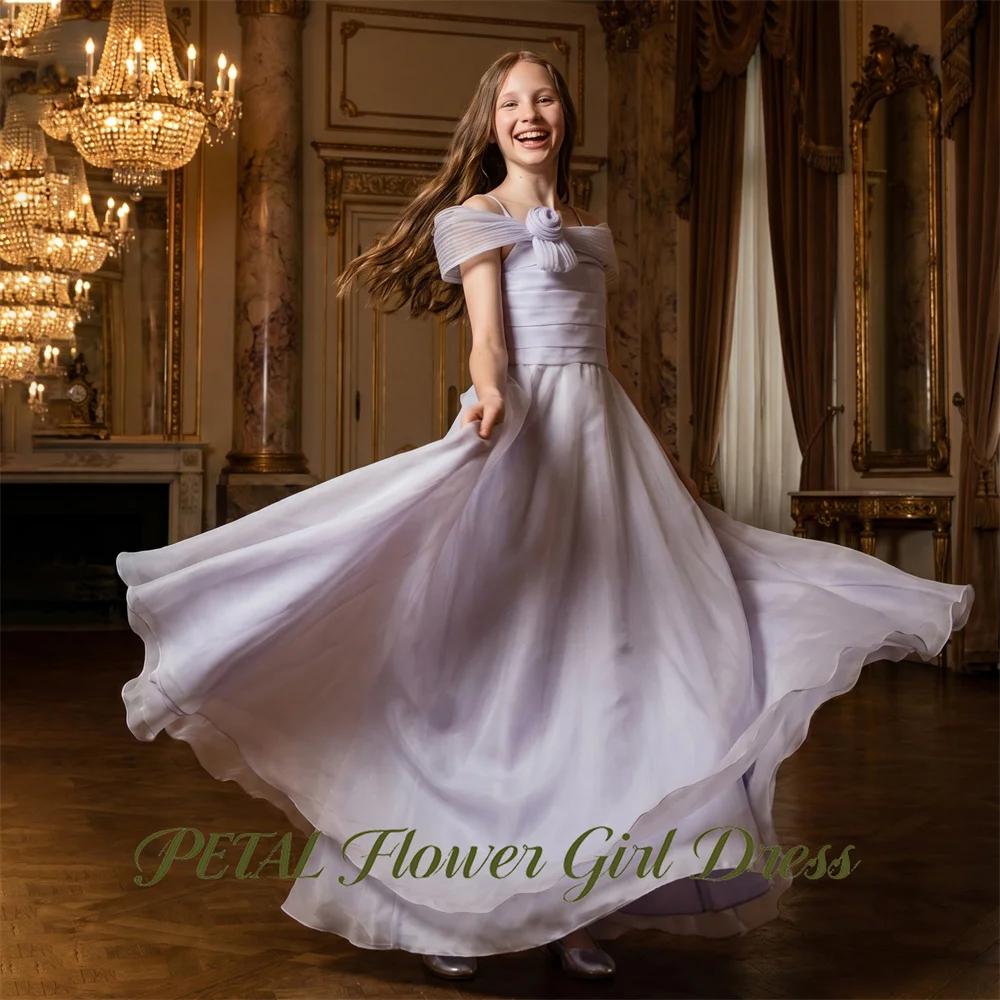 Petal Lavender Princess Girls Dress Off the Shoulder First Communion Gown Shoulder 3D Rose Children Birthday Wedding Dresses