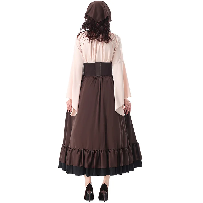 Caribbean Pirate Style Adult Womens Outfit Retro Ruffle Long Dress Medieval Pirate Costume with Headscarf