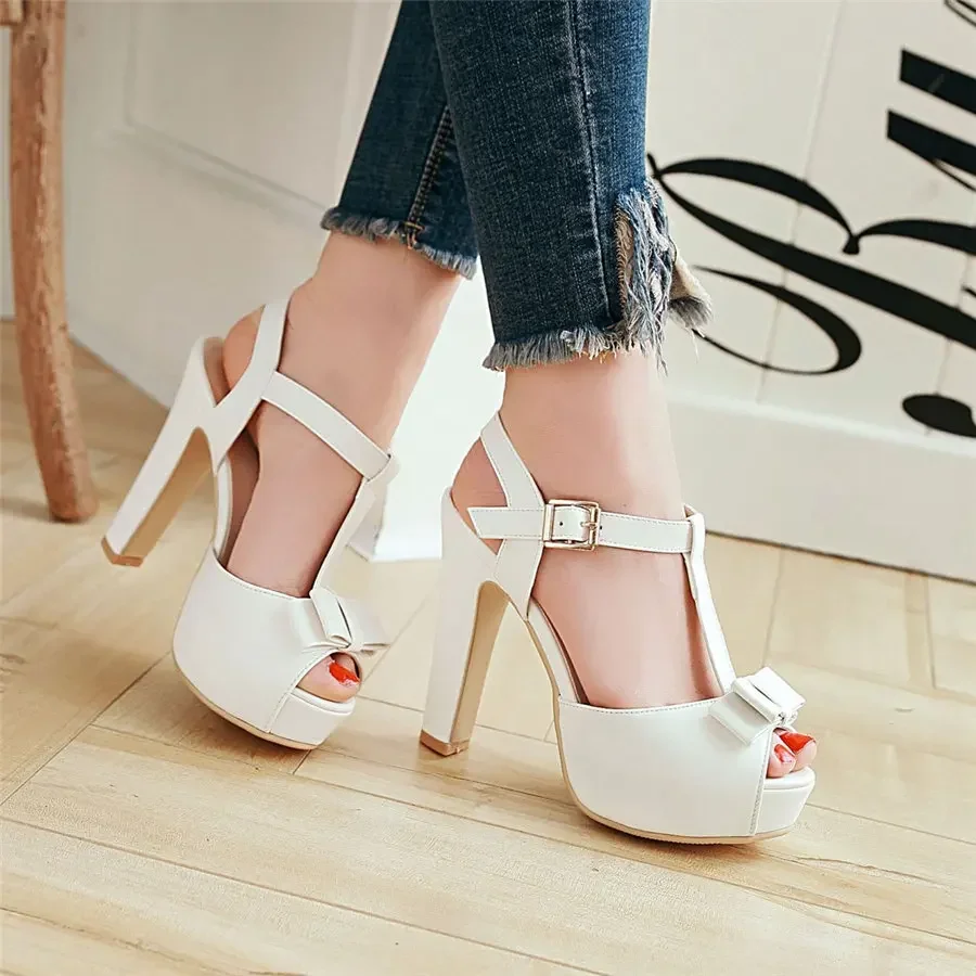 Bowtie Women Gladiator Sandals High Chunky Platform Heel Black White Pink Peep Toe Bridal Party Office Lady Summer T-strap Shoes - view 5