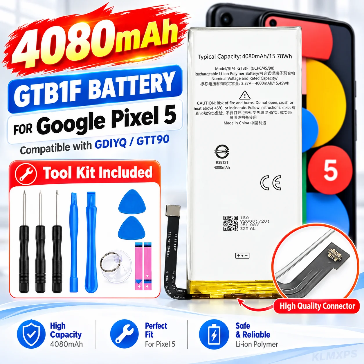 GTB1F 4080mAh Li-ion Polymer Battery for Pixel 5 GDIYQ GTT90 Replacement Rechargeable Battery with Free Repair Tools