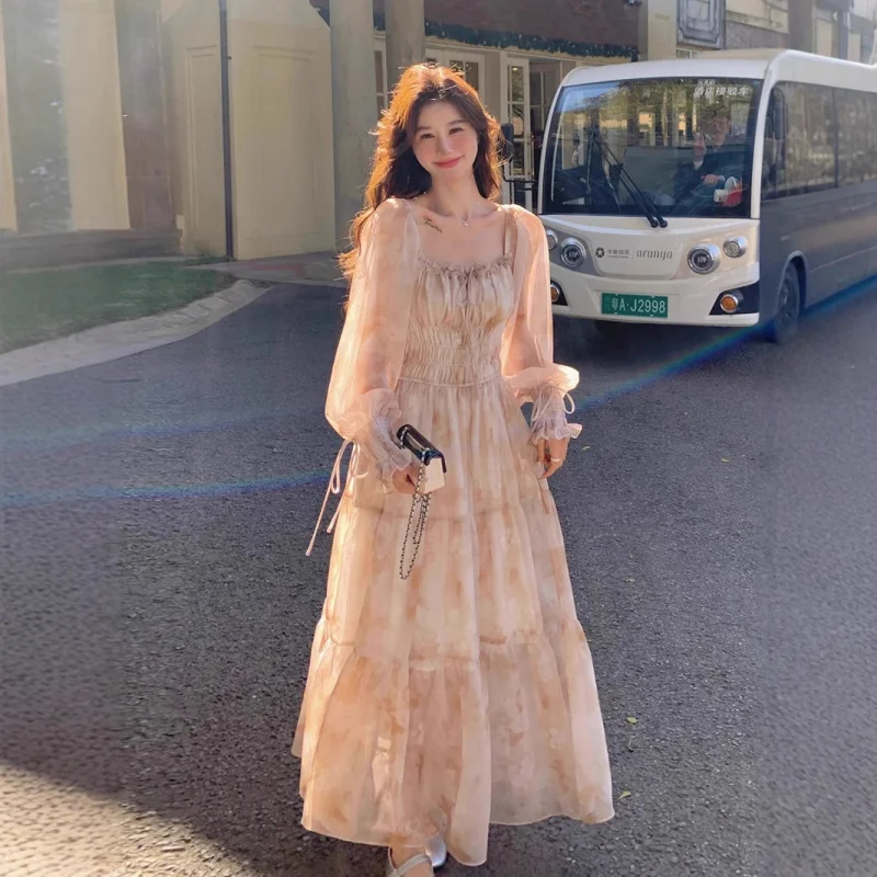 

2025 French Style Square Neck Puff Sleeve Chiffon Floral Spring Autumn Fairy First Love Gentle Mori Style Long Dress E001