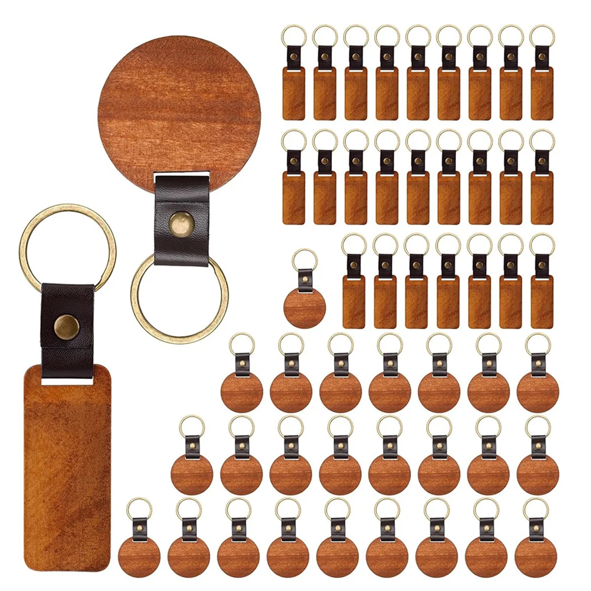 50pcs Wooden Keychain Blanks with Leather Strip, Round & Rectangular Unfinished Wooden Keychains for DIY Crafts Gifts