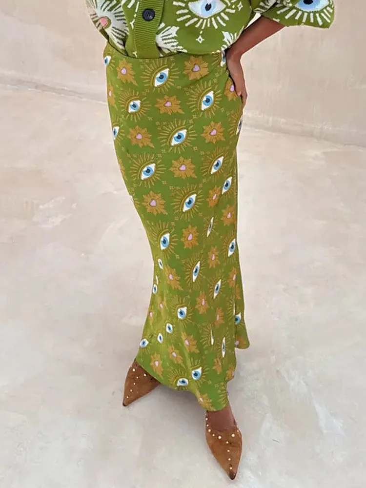 Frühling Casual Temperament Lange Röcke Herbst Elegante Muster Gedruckt Slim Fit Röcke 2025, Frauen Mode Hight Taille Halbe Röcke