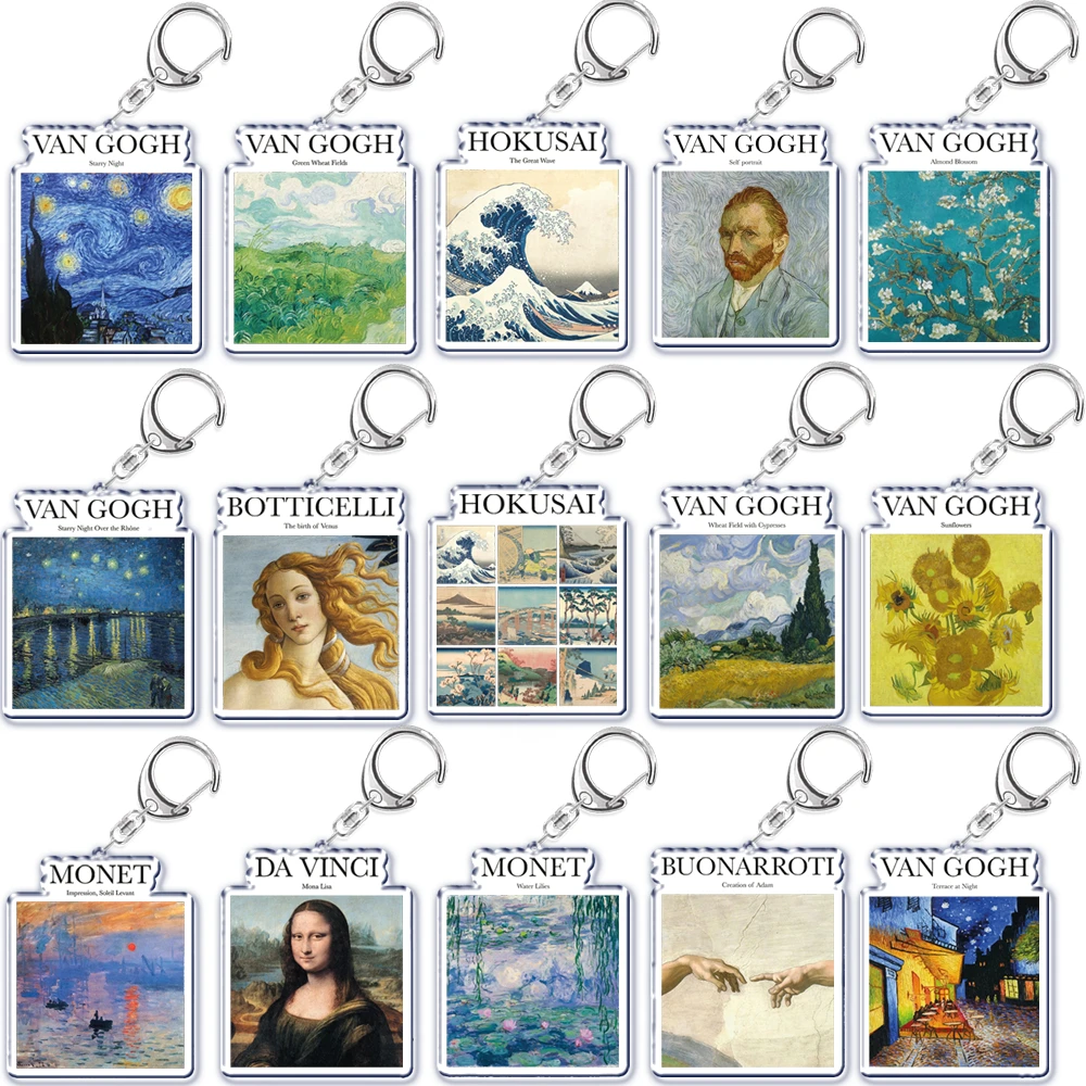 Porte-clés peinture à l'huile Van Gogh Art Hokusai pour accessoires, pendentif de sac, porte-clés Monet JORing, cadeau de bijoux, esthétique