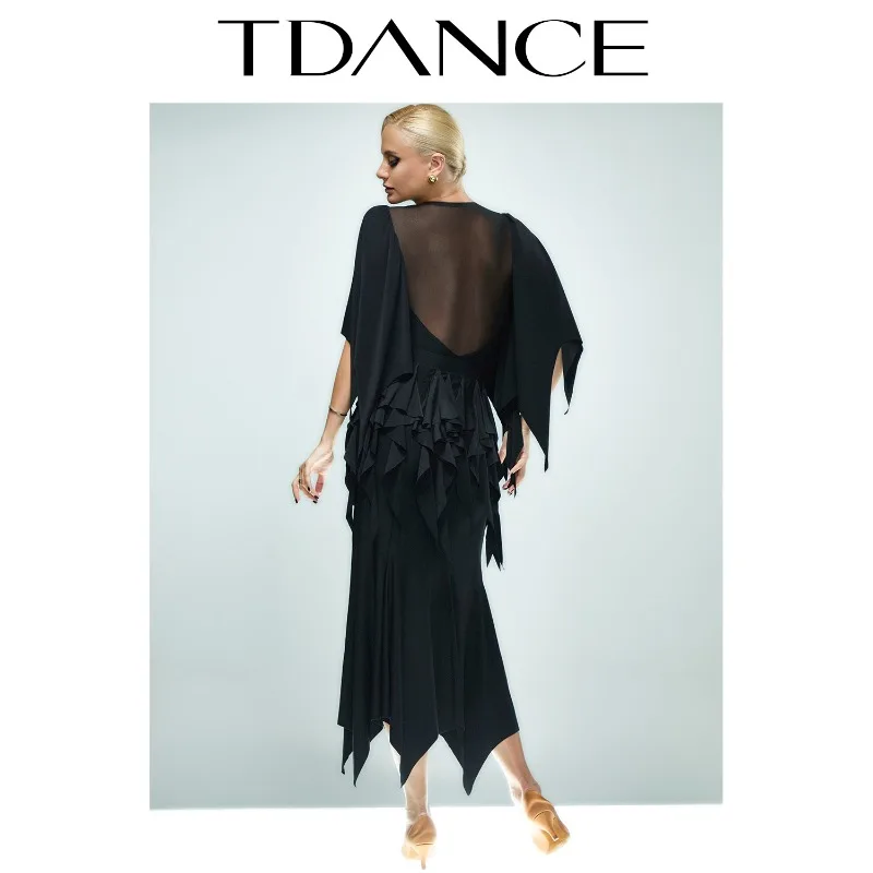 Abito da pratica moderno TDANCE personalizzato [mono con maniche volanti con scollo a V] Giunzione con cuscino sul petto per la classe femminile JM-155