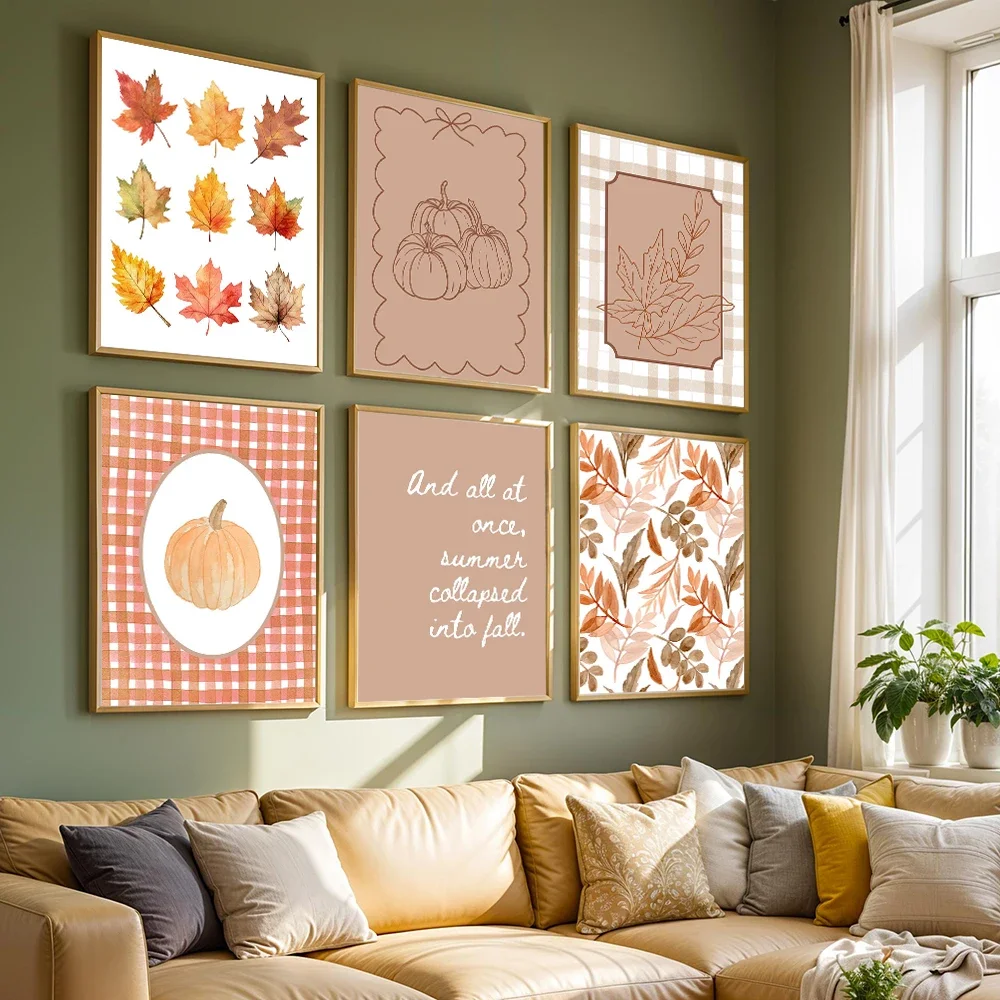 Fall Wall Art Bundle  Autumn Prints Poster Pumpkin Leaves  Apple Gingham Decor Cozy October & Fall Quotes Canvas Print Poster