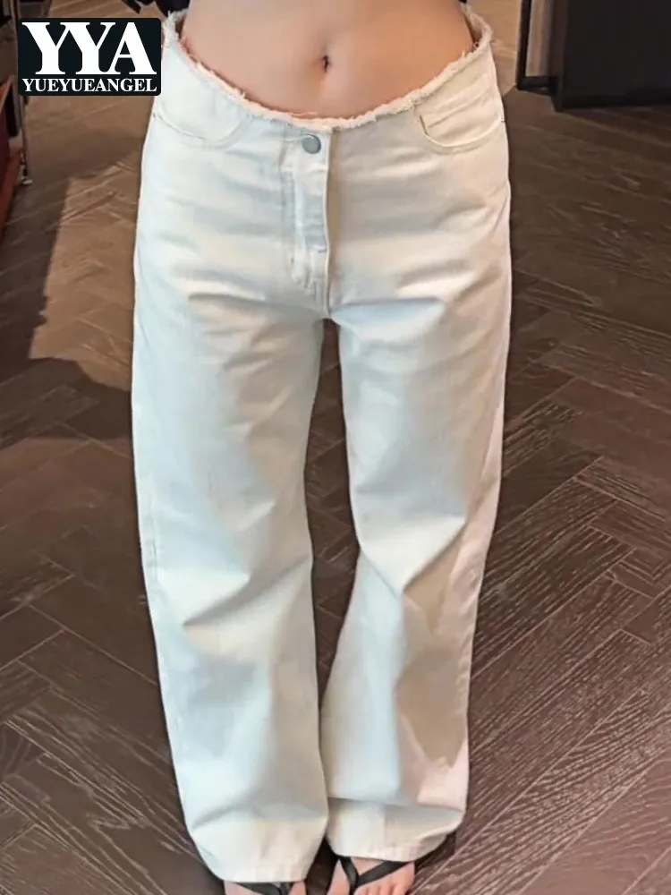 Streetwear Ladies Button High Waist Straight Pants Comfortable Female Pockets Trousers Versatile Solid Color Women Jeans