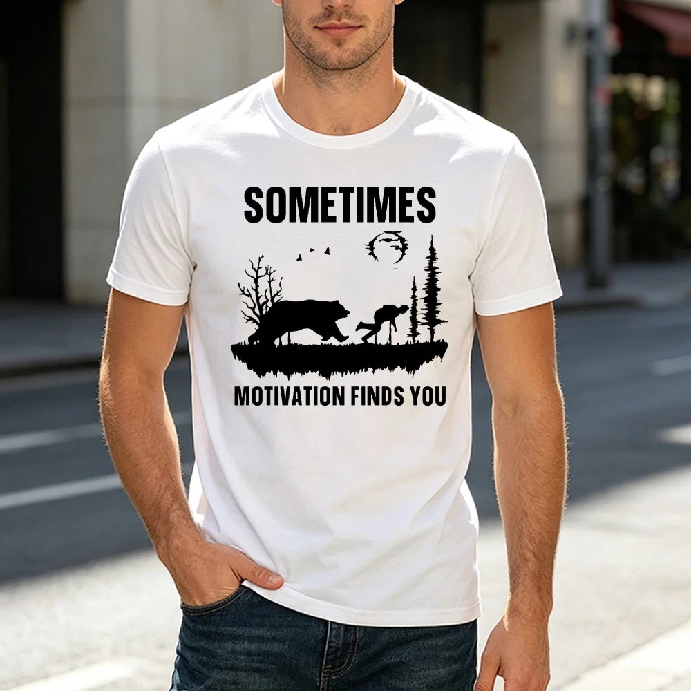 Motivation Bear Chase Humor Men T Shirt Funny Animal Running Graphic Tee Summer Outdoor Hiking Adventure Top