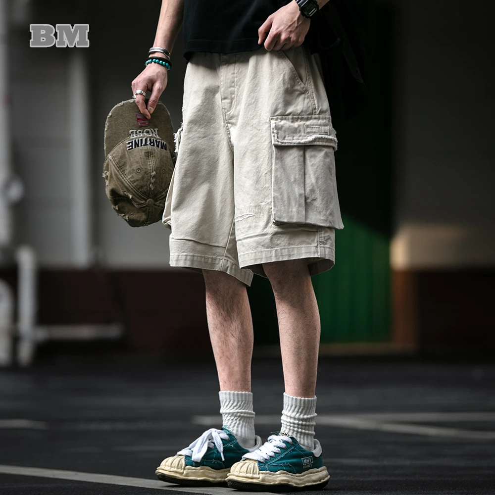 Korean Streetwear Baggy Cargo Shorts For Men Heavyweight 5-Inch Oversized Large Pockets Drawstring Casual Mid-Length Summer