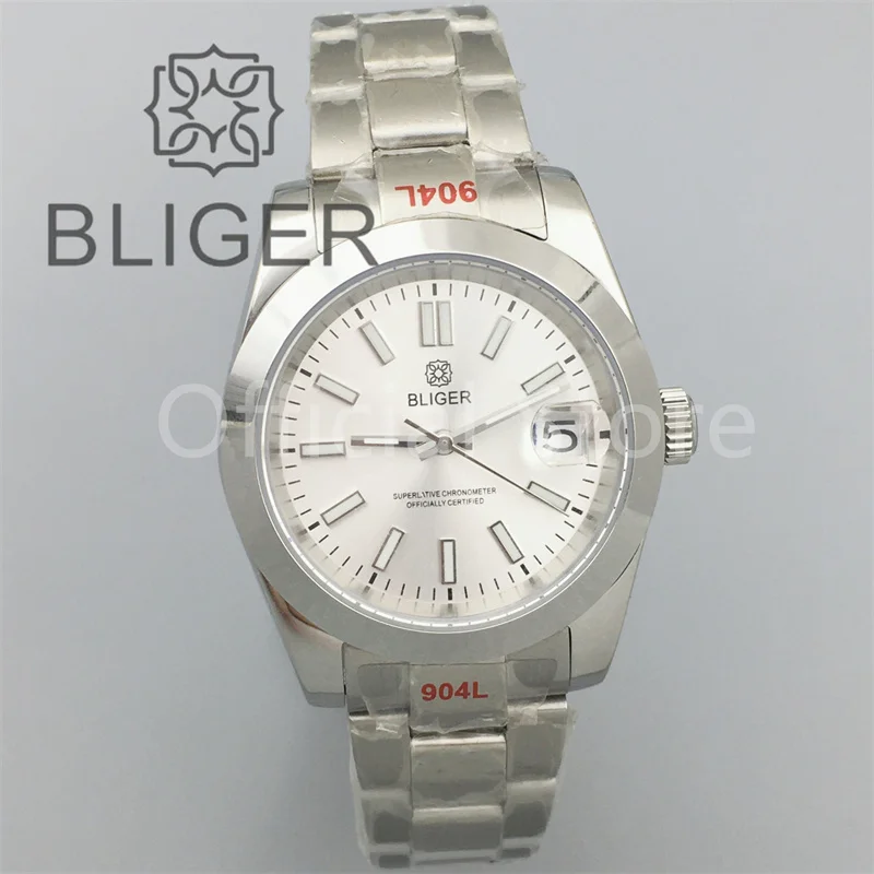 BLIGER 36mm/39mm Watch For Men With NH35 Movement Stanless Steel Bracelet White Dial With Silver/ Gold Stick Inde Polished Bezel