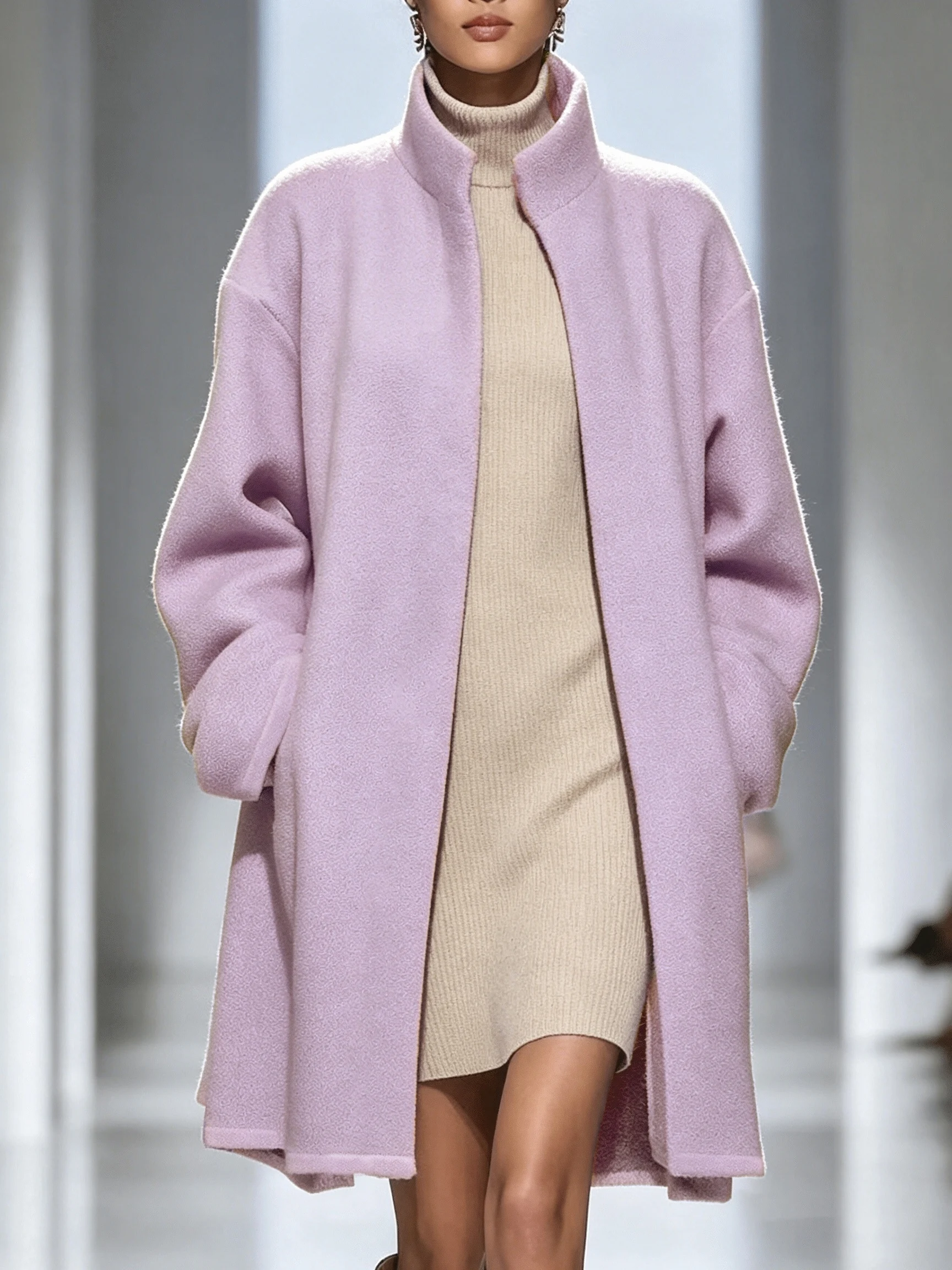 Women`s Oversized Polar Fleece Jacket Purple Thick Fluffy Drop Shoulder Mid Length Coat Fall Winter Casual Stand Collar S-XXL