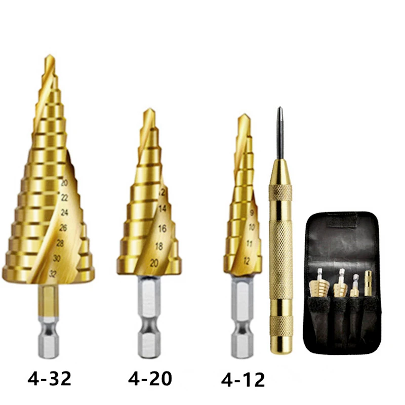 3Pcs/set  4-12mm 4-20mm HSS Straight Spiral Groove Step Drill Bit Titanium Coated Wood Metal Hole Cutter Core Drilling Tools