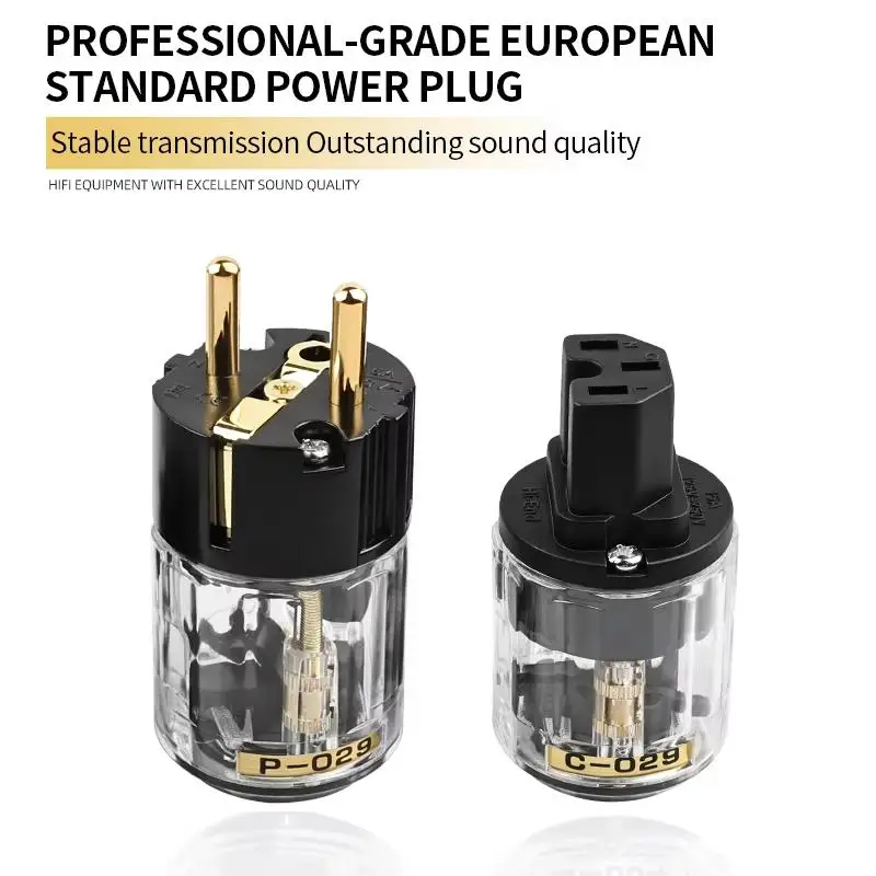1 Pair DIY Accessories C-029 P-029 Transparent US Power Plug 24k Gold Plated IEC Audio Connector Female-Male