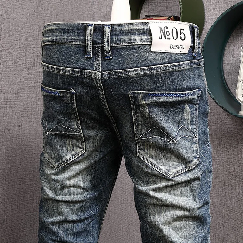 Fashion Trends Designer Men Jeans Retro Blue Elastic Stretch Slim Ripped Jeans Men Straight Trousers Vintage Denim Pants Hombre