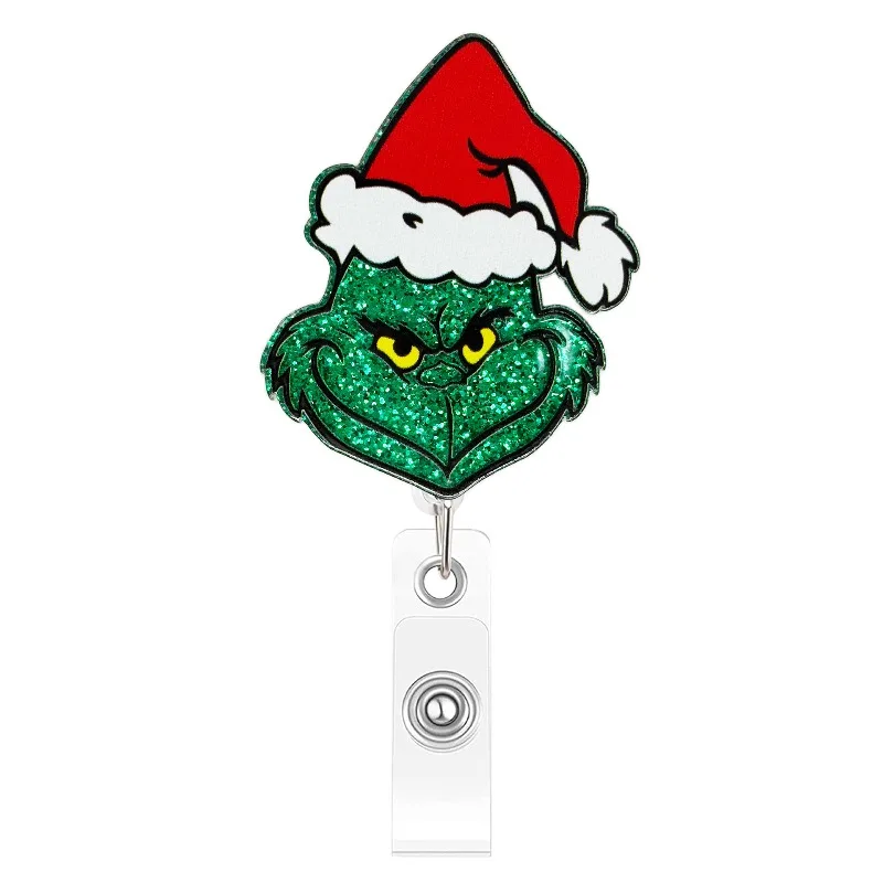 Christmas Green Monster Badge Reel Retractable ID Holder with Glitter Acrylic Green G Easy Pull Office Holiday Fun Pendant