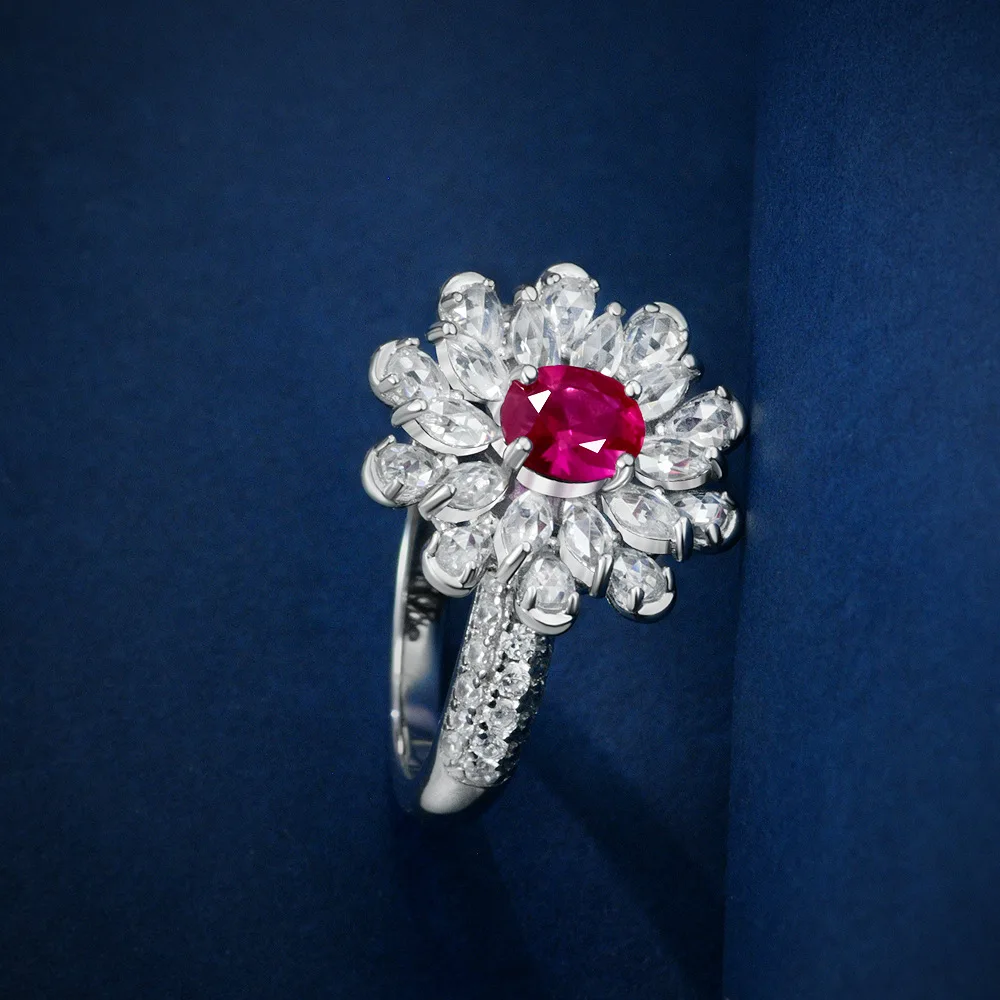 

New S925 Silver Egg shaped Columbia 5 * 6 Nurturing Emerald 0.8carat Blooming Flower Ring Wedding Jewelry