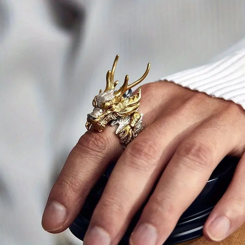 Men's Vintage Chinese Dragon Head Ring - Bold Gold Plated Open Band, Majestic Oriental Punk Jewelry, Edgy Party Accessory