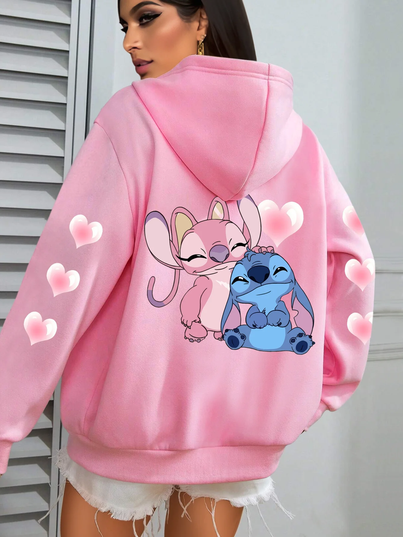 Damska bluza z kapturem z polaru z motywem Disney Stitch na jesień i zimę, unisex, streetwear, oversize, luźna, casualowa.