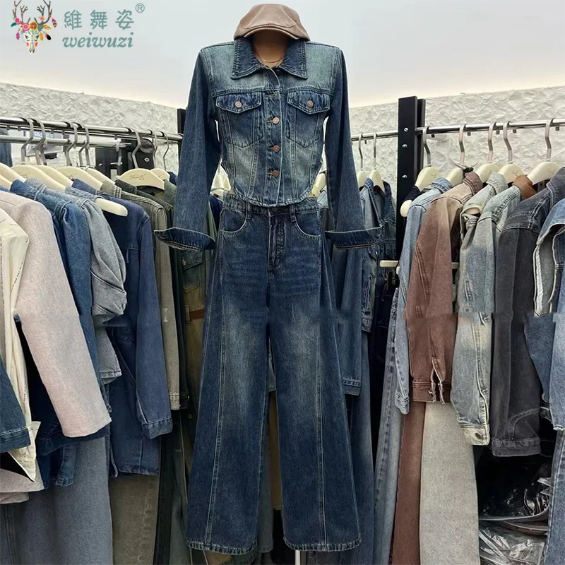 Winter Frauen Denim Hose Sets Vintage Lange Ärmeln Slim Fit Kurze Denim Jacke Top + Hohe Taille Breite bein Jeans y2k Kausalen Outfits