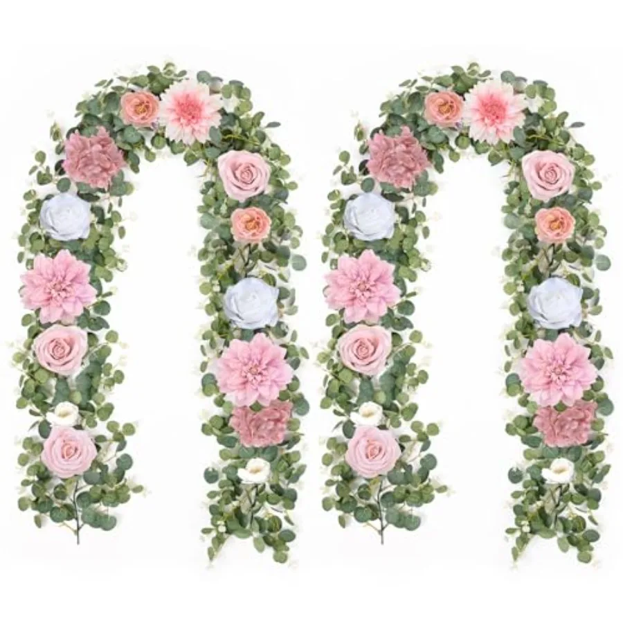 

2 Pcs Flower Garland, 12.14ft Eucalyptus Garland Vines with Flowers for Wedding Reception Table Mantle Spring Room Decor Rose P