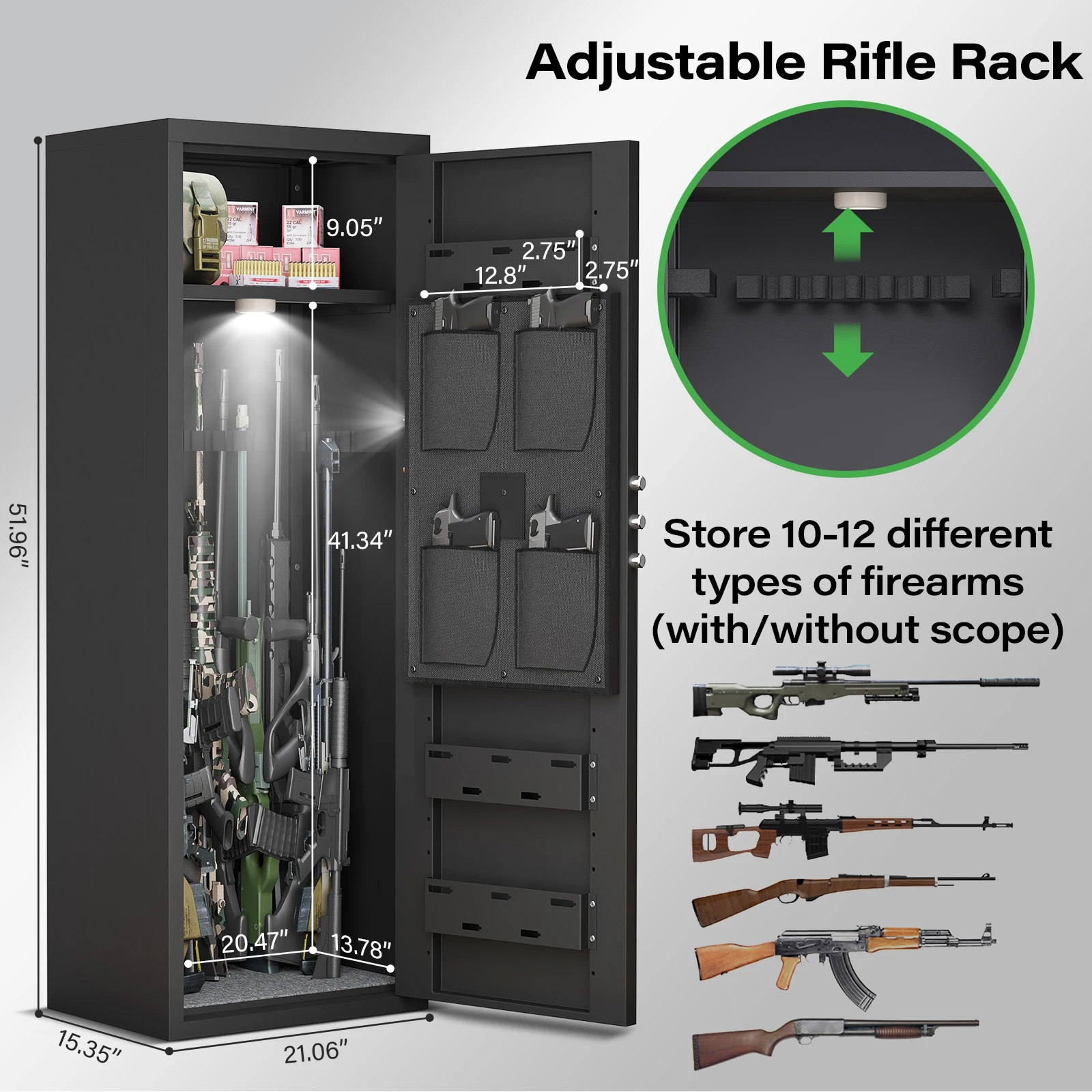 kavey Gun Safe with Removable Shelf and 3 Magnetic Gun Slots, Unassembled Large Gun Safe with Magnetic Induction Light