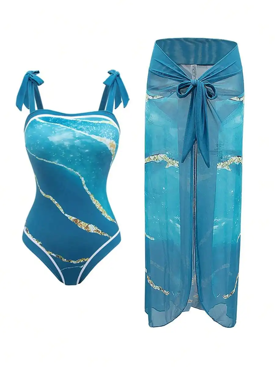 Women Summer Beach Swimsuit Set With Cover Up Skirt Blue Printed