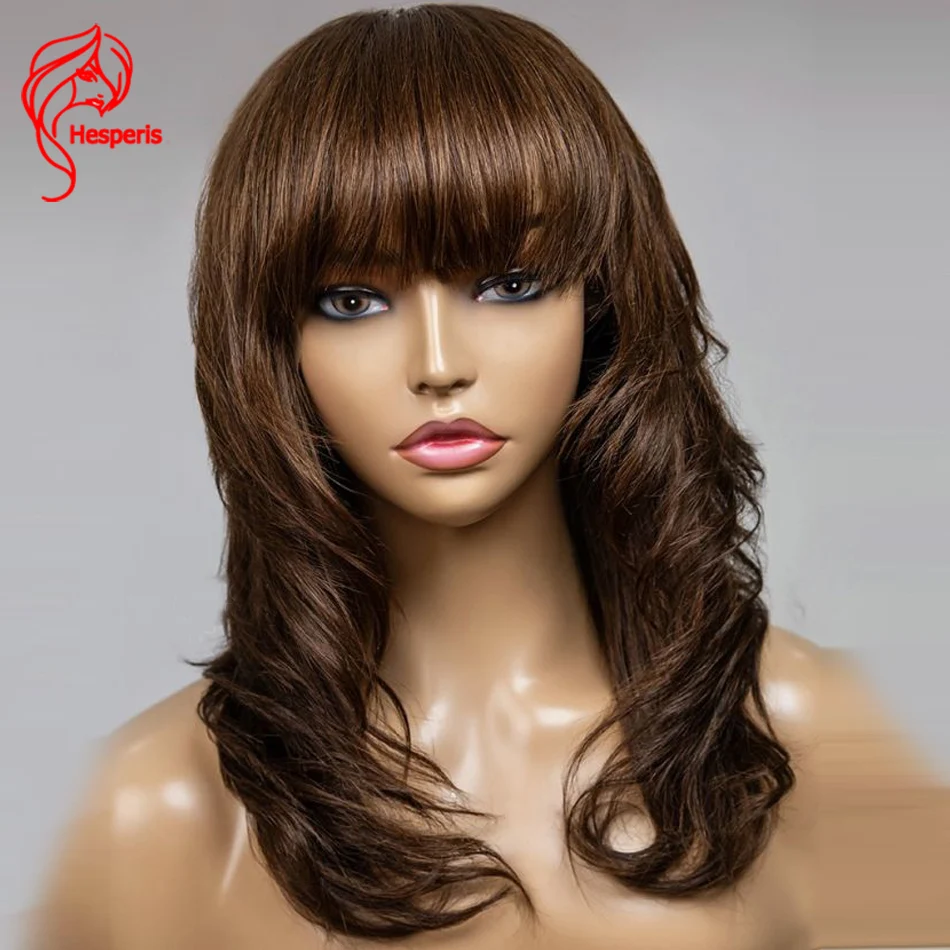 

Hesperis 200 Density Brown Full Machine Made Wigs Brazilian Remy Scalp Top Layered Wavy Human Hair Wig With Bangs For Women