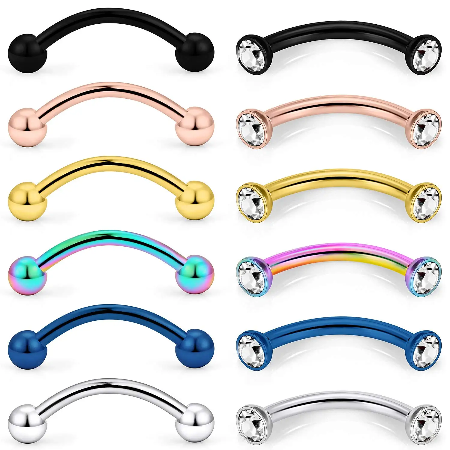 12PCS 16G Stainless Steel Curved Barbell Snake Eyes Tongue Ring Nipple Rings Nipple Rings Piercing Jewelry Retainer 6-12mm