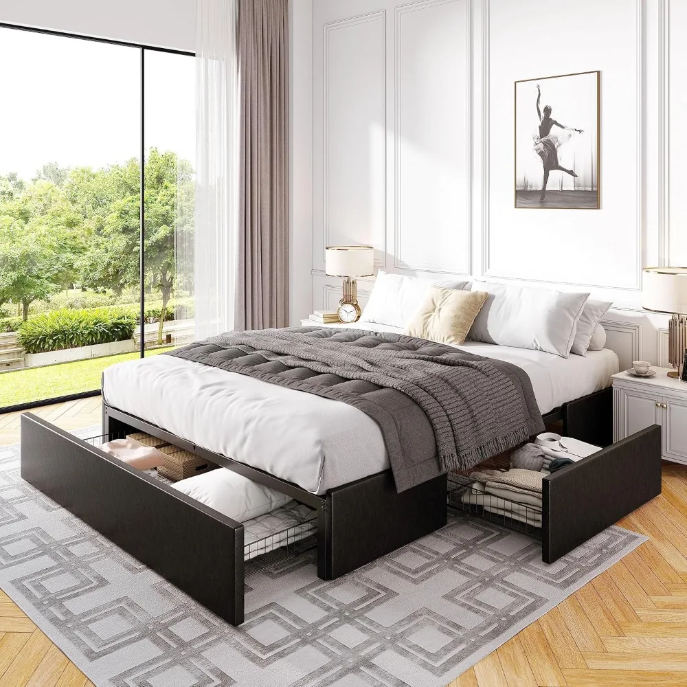Platform Bed with 3 Storage Drawers, Faux Leather Upholstered, Slats Support, No Box Spring Needed