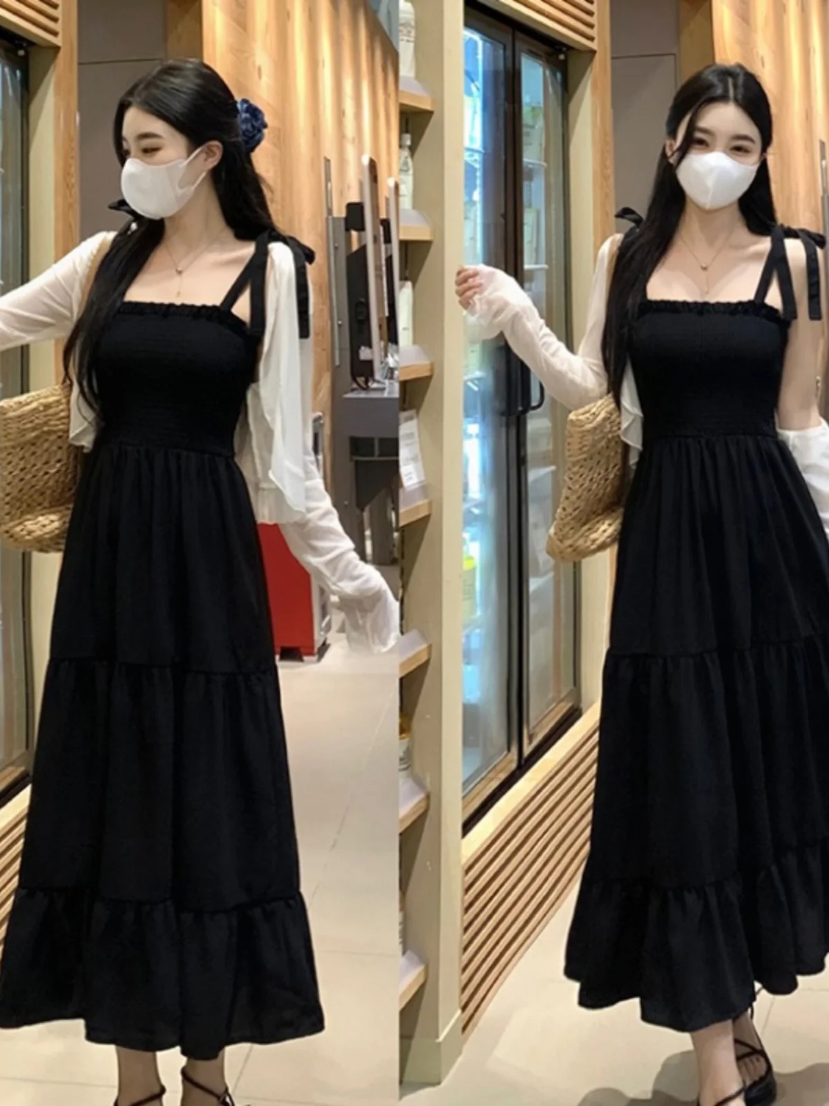 plus Size Summer Strap Dr Women's Bla Skirt Sunscreen Set Slimming Hepburn Sle Casual A-Line Dr Korean Sle