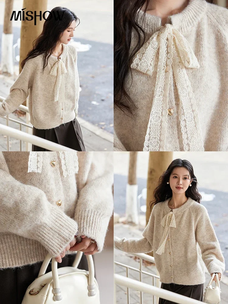 MISHOW Lace Bow Sweater Women Wool Blend O-Neck Vintage Solid Knitted Cardigan Metal Buttons Versatile Soft Warm Tops MXD58Z1125