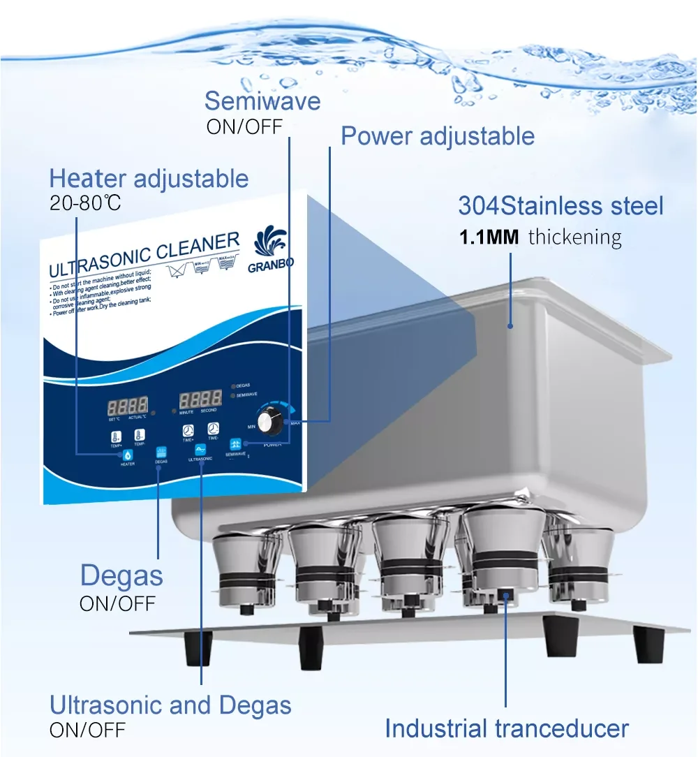 Granbosonic Industrial Ultrasonic Cleaner 30L 600W 900W Tank Variable Power For PCB Auto & Hardware Parts Deep Oil Rust