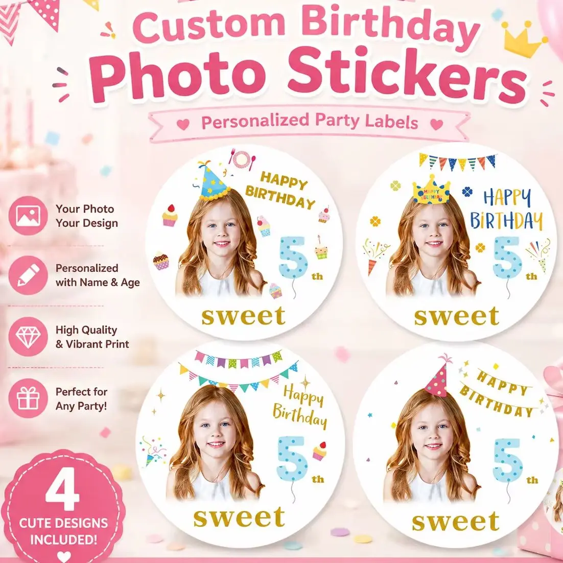 Personalized Kids Birthday Stickers - Souvenir Wrap & Birthday Gift Custom Kids Stickers - Waterproof label