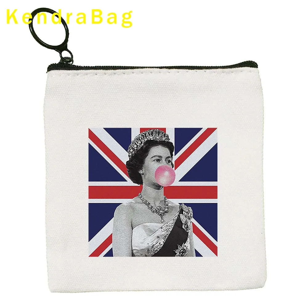 Queen Elizabeth II Portrait England Flag British Platinum Jubilee Key Coin Purse Canvas Bag Pouch Cotton Bag Wallet Zipper Gifts