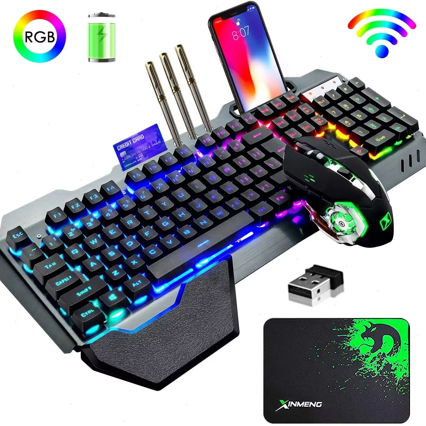 K680 Wireless Gaming Keyboard and Mouse Combo,Rainbow LED Backlit Keyboard with Rechargeable 3800mAh Battery Metal Panel