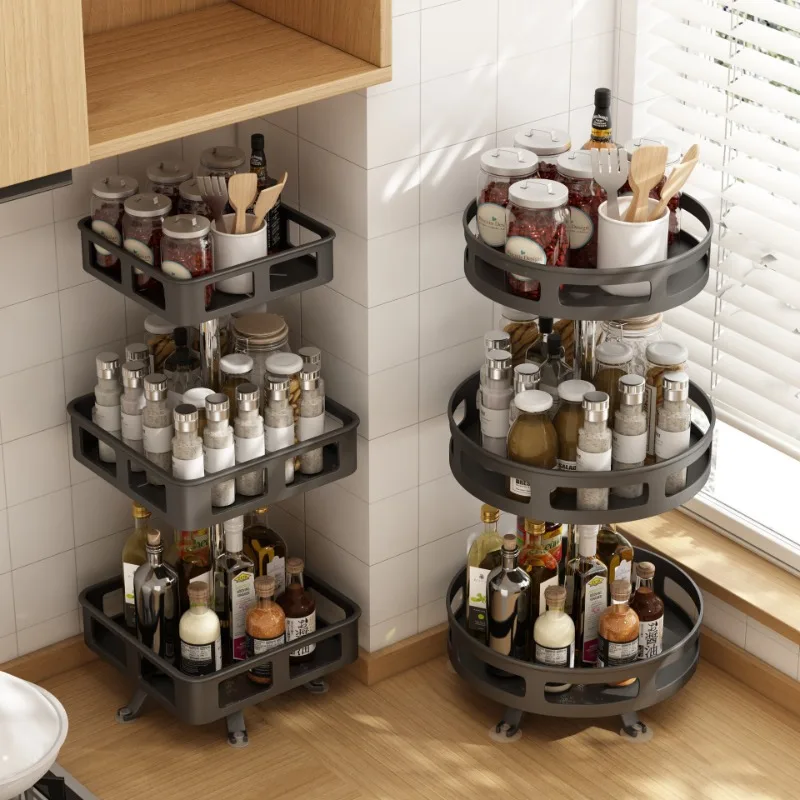 Kitchen rotatable seasoning rack countertop, three-layer multifunctional storage rack, soy sauce vinegar seasoning