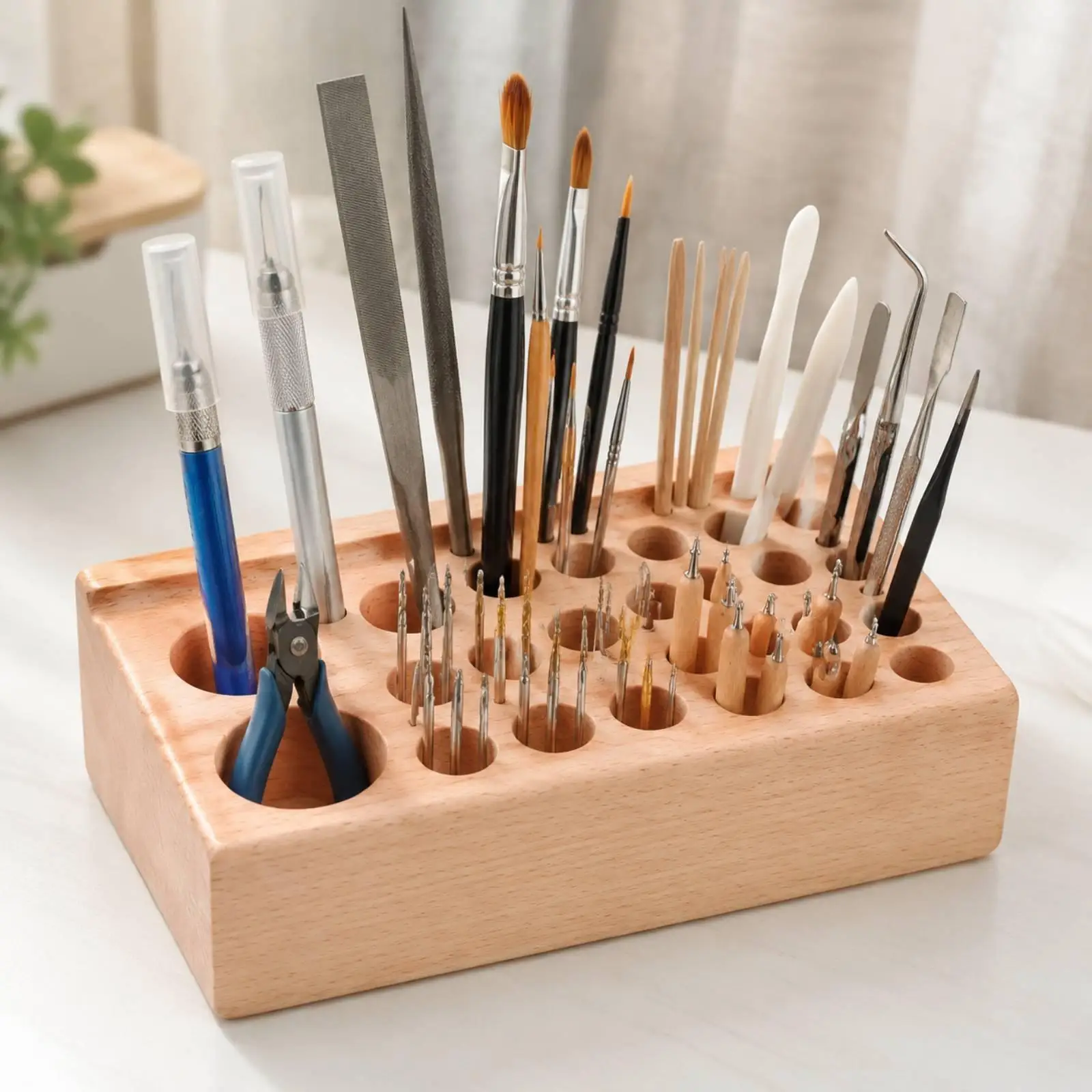 Sturdy Solid Wood Tool Organizer with Drilled Holes Compact Wooden Brush Holder