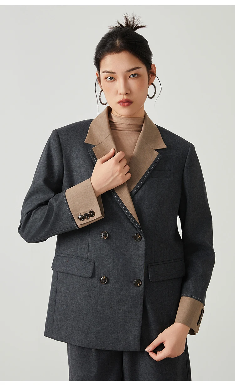K2547W Designer-Stil Damen-Wollblazer Zweifarbige Patchwork-Jacke mit Revers Premium-Wollmischmantel – Detail 11
