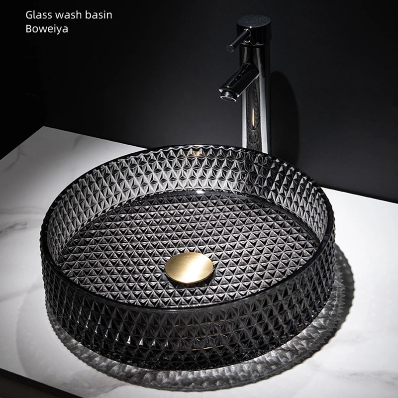 

Round Countertop Wash Hand Basin Translucent Tempered Glass Basin with Retractable Sink Bathroom Sink Basin for Bathroom