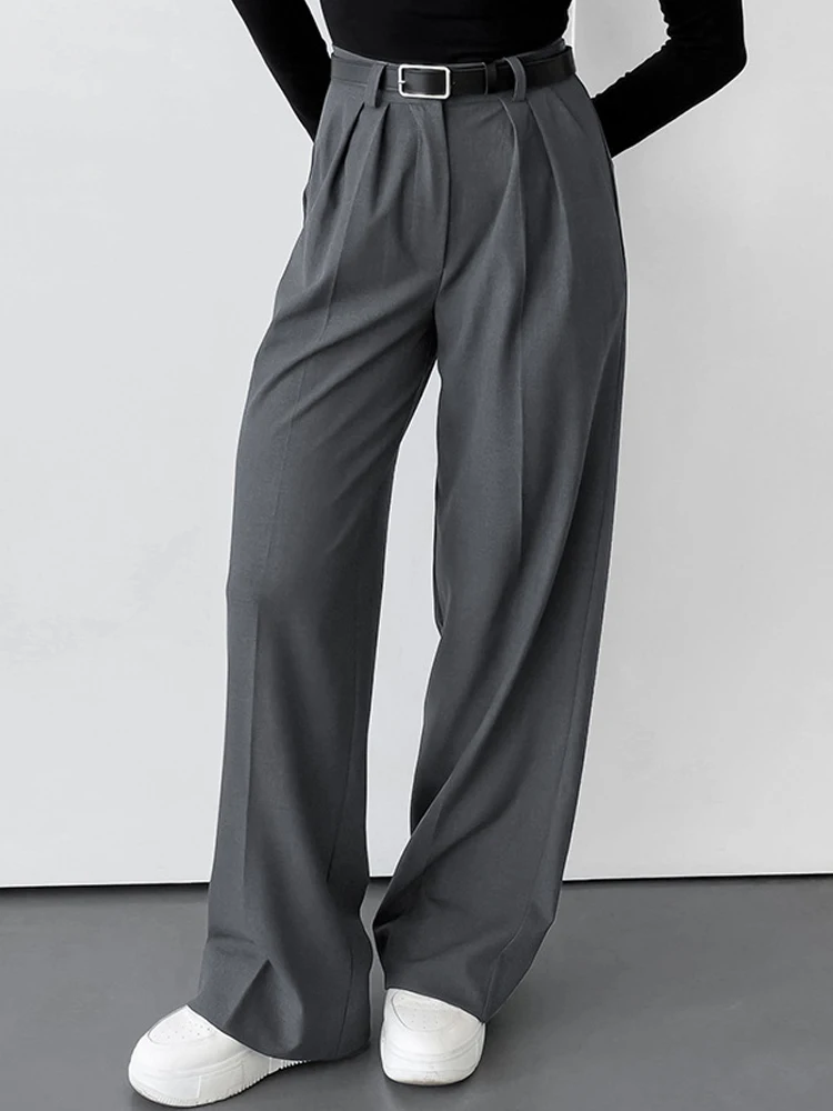 Elegant Office Pants Women High Wasit Straight Wide Leg Long Pants 2024 Autumn Winter Korean Style Loose Grey Suit Trousers