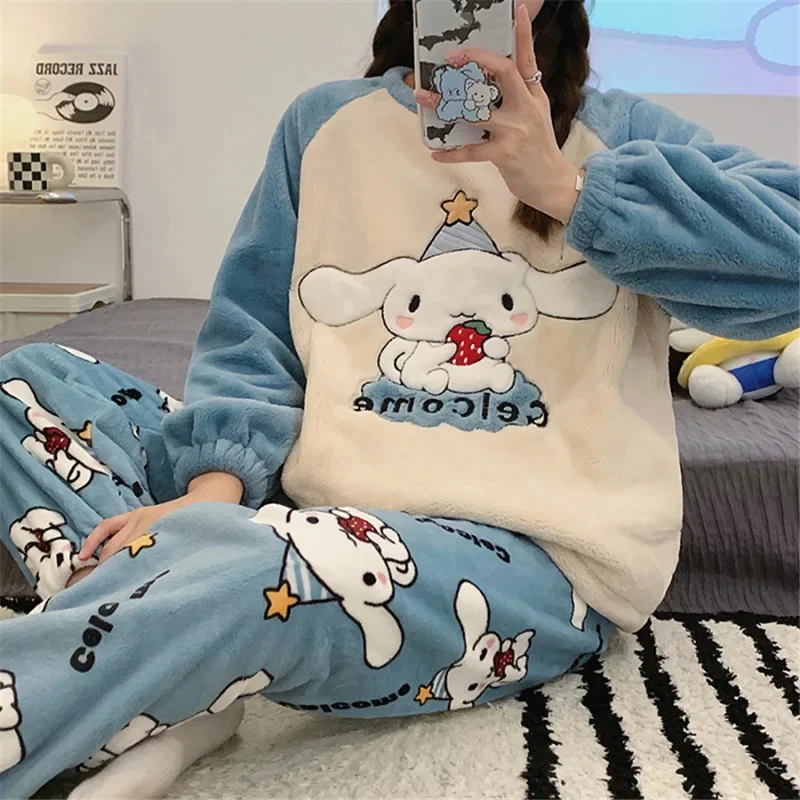 Sanrio Kuromi Hello Kitty Flannel Pajamas Suit Women Cute Anime Homesuit Winter Kawaii Cartoon Long Sleeve Pant Two-piece Set