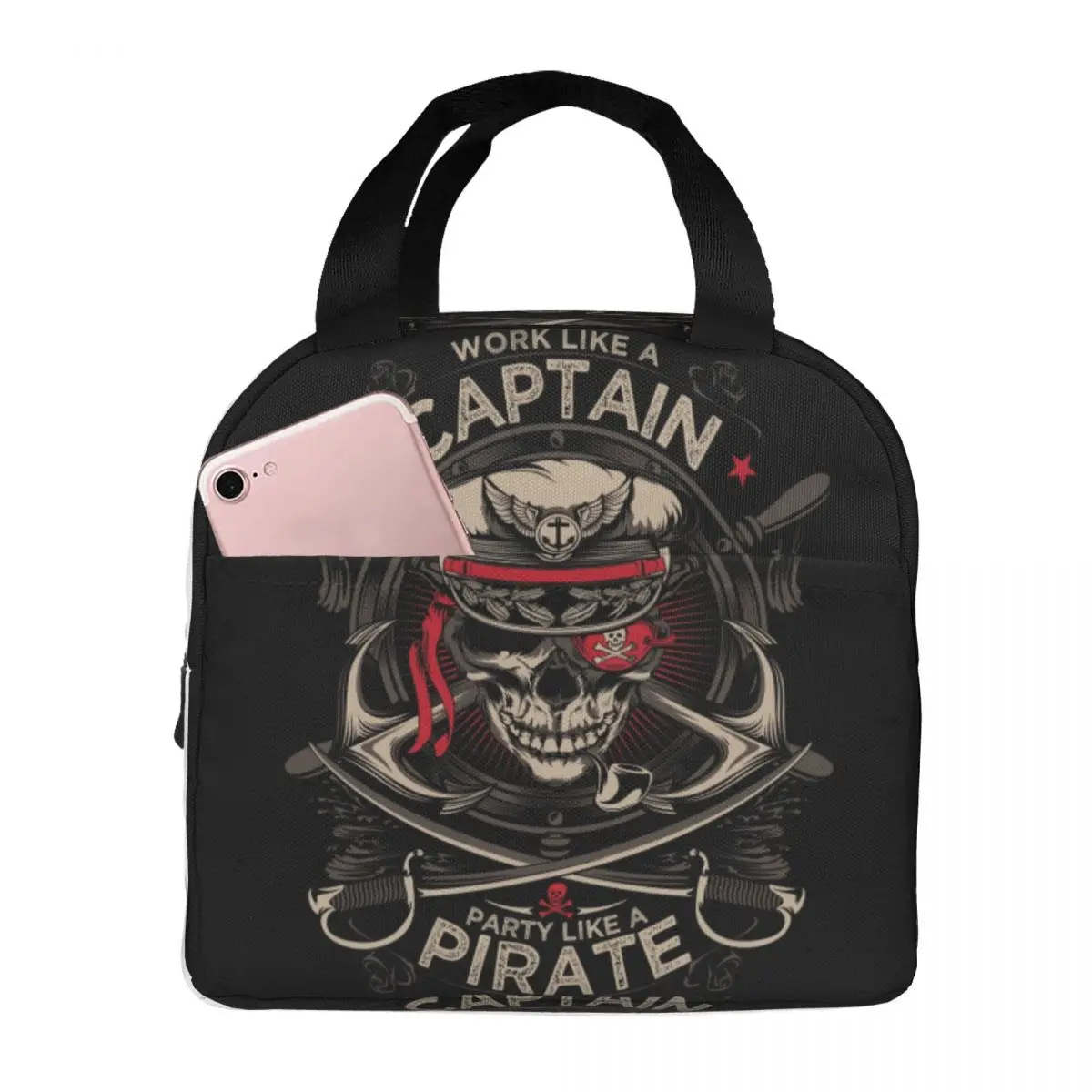 Work Like A Captain Party Like A Pirate Portable Lunch Box Leakproof Nautical Skull Sailor Thermal Cooler Insulated Lunch Bag