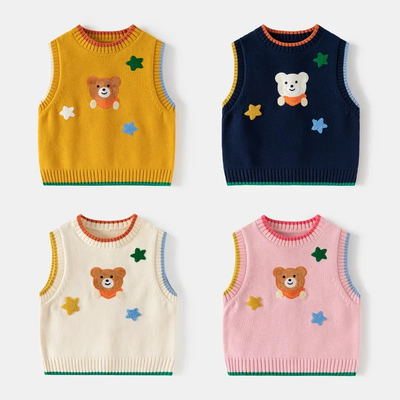 HoneyCherry Children's Wool Undershirt New Boys Sweater Sleeveless Pullover Cartoon Bear Tops Vest for Kids Boys