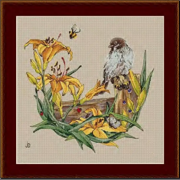 Cross Stitch Kits Cross stitch Aida embroidery Threads for embroidery Set Birds on the Yellow Flower Fence